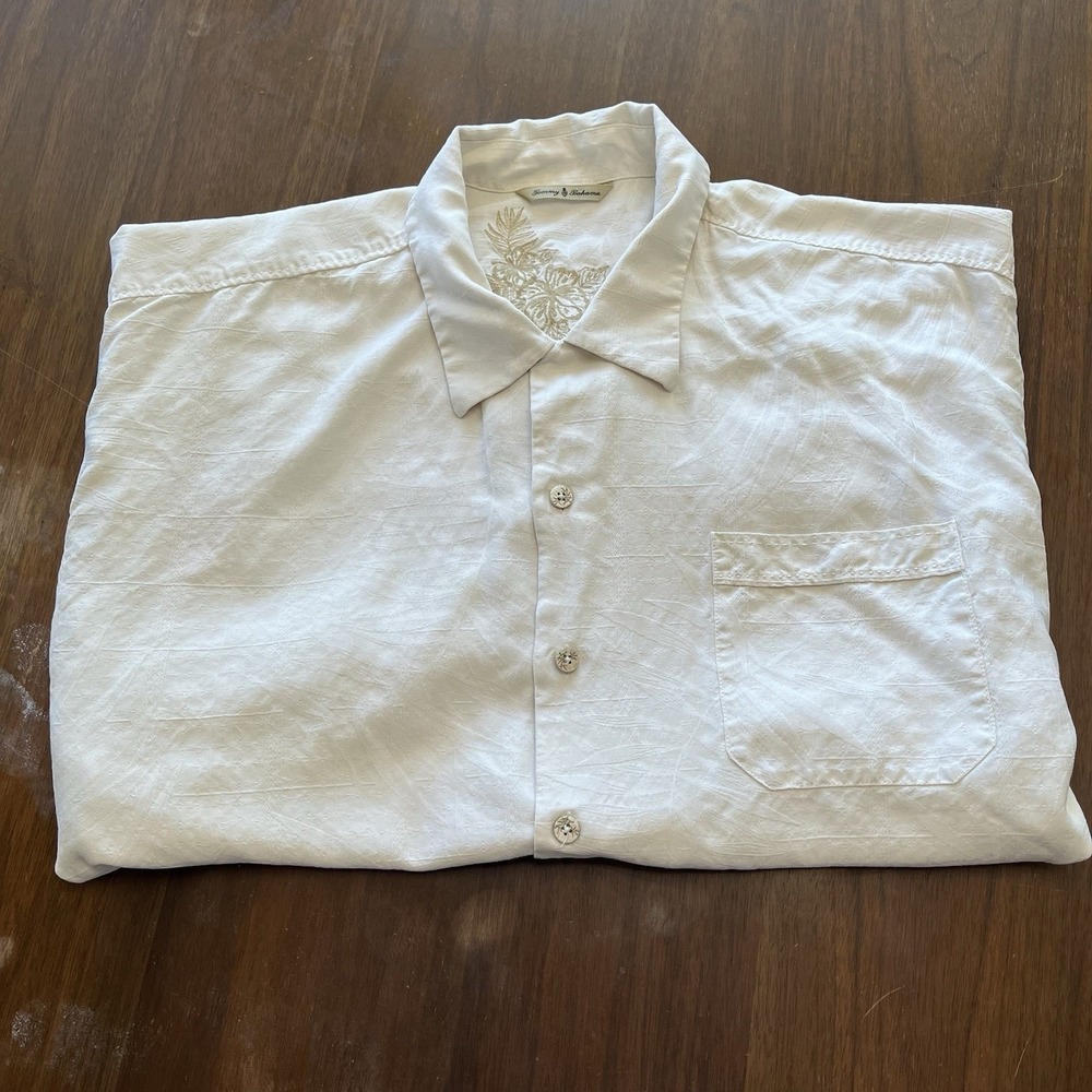 Tommy Bahama Mens 2XL 100% Silk Short Sleeve Button Down Shirt Beige Textured